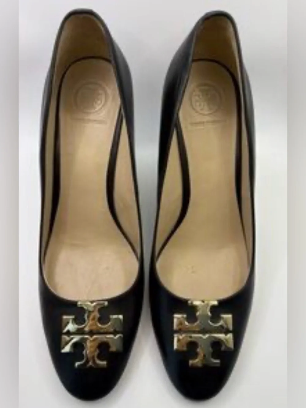Tory Burch Black Leather minimalist Heels with Gold Logo